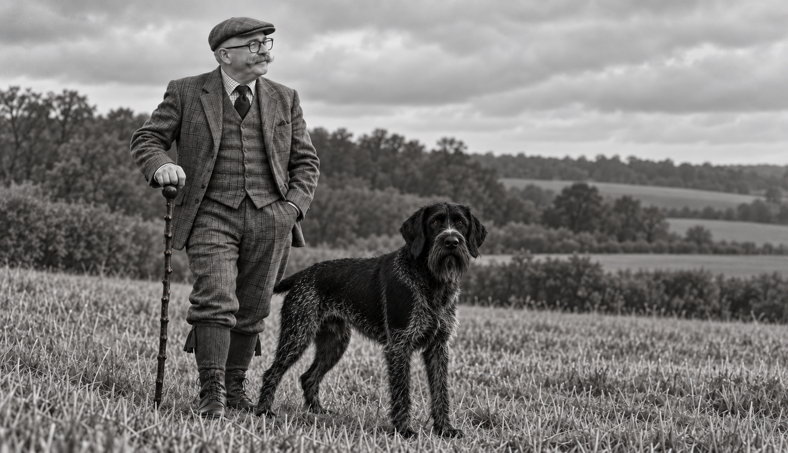 Monochrome countryside portrait of Al in a flat cap and shooting tweeds holding a blackthorn walking stick beside Grip, his black German wire-haired pointer, looking towards the camera.